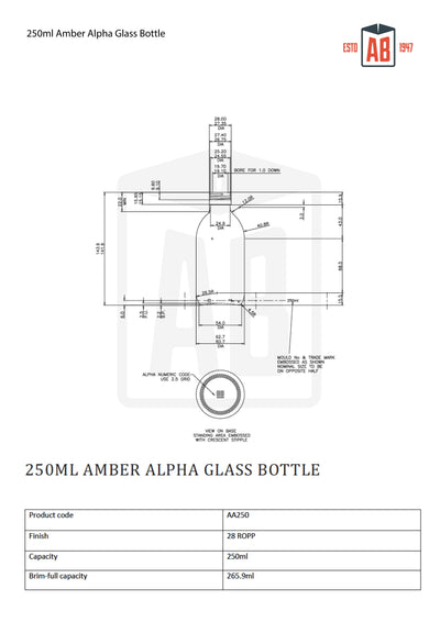 250 ml bernsteinfarbene Alpha-Glasflasche