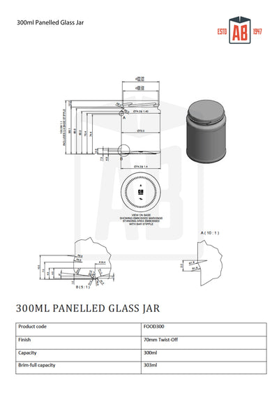 300 ml Lebensmittelbehälter aus getäfeltem Glas