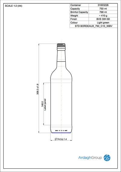 750ml Grünglas Bordeaux Einweg Weinflasche - Ardagh