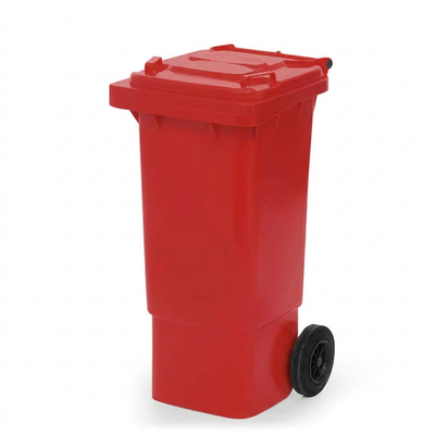 80 litre HDPE wheeled waste bin with hinged lid and two rubber wheels