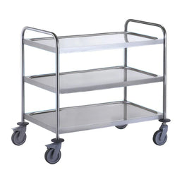 3 Tier Stainless Steel Rectangular Trolley – 304 Grade with Dished Shelves & Braked Castors