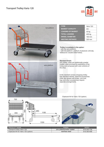 Vario 120 Transport Trolley – Fixed Basket Trolley with Wire Platform