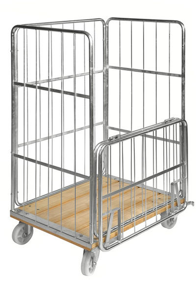 Roll Container with Wooden Base and Half Gate – Galvanised Roll Cage | 500kg Capacity