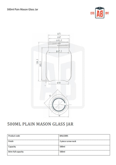 500ml Plain Mason Glass Jar