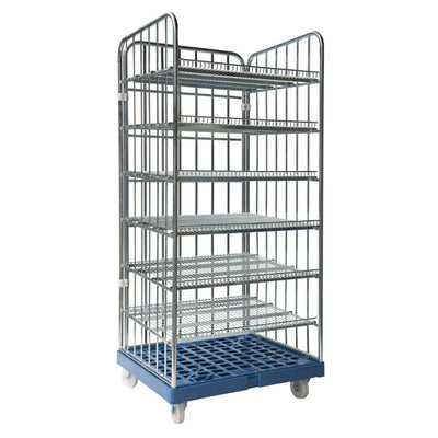 3-Sided Roll Container – 810x720x1808mm, 6 Shelves, Hot-Dip Galvanized, Plastic Base